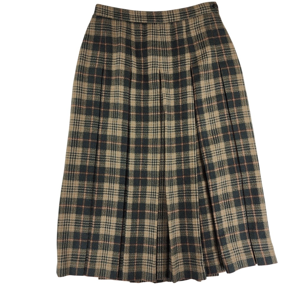 Vintage 100% Wool‎ Pleated Midi Skirt Womens 8 Brown Plaid Academia Made Canada